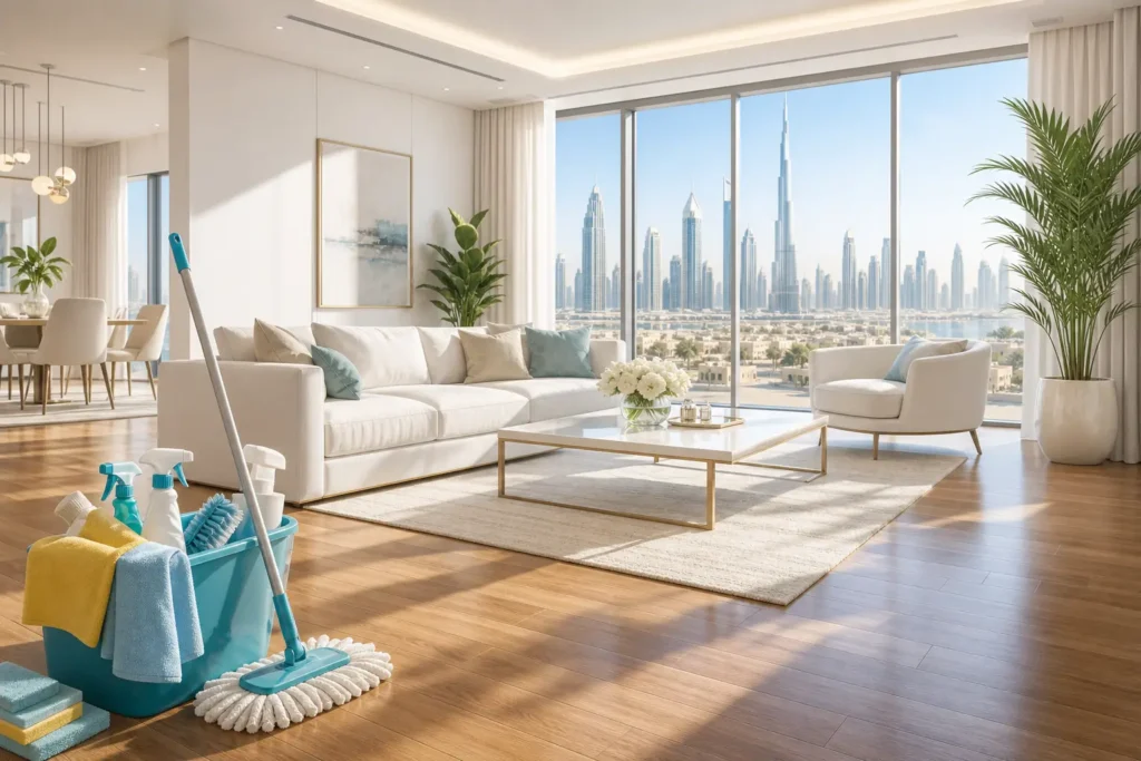 Deep Cleaning Dubai: How Often Should You Do It? 4 Freshly deep cleaned modern living room in Dubai with sunlight through large windows and polished floors