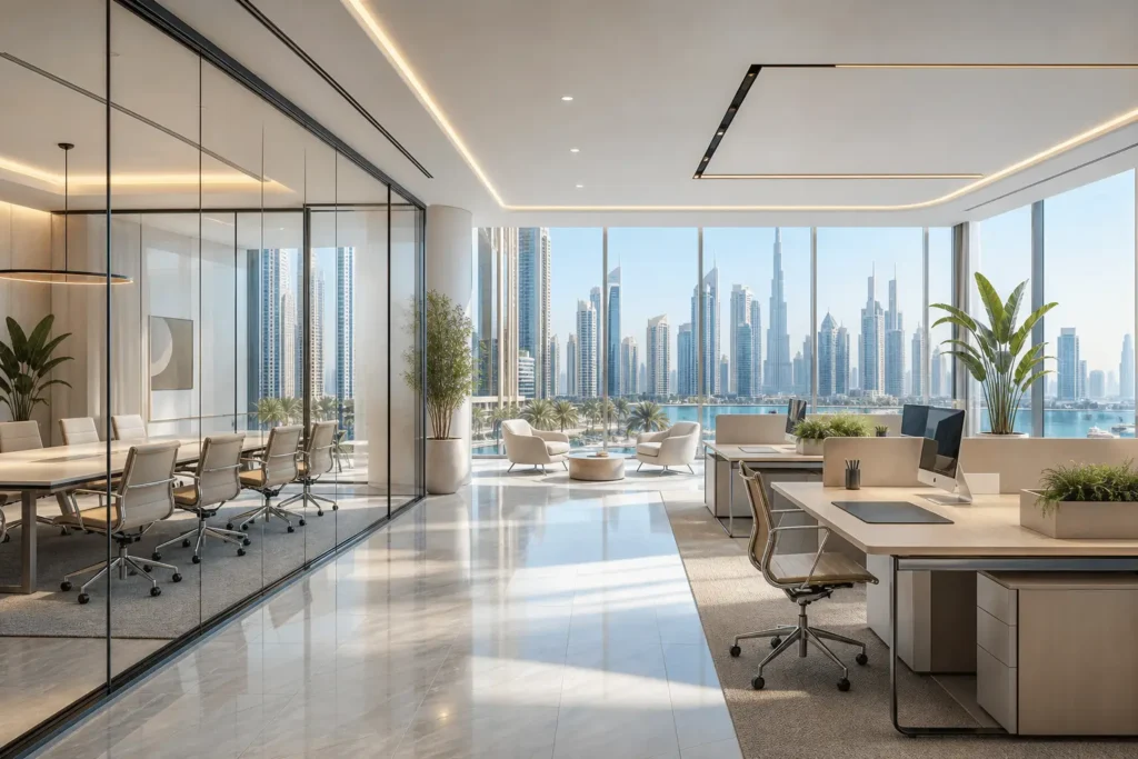 Office Cleaning Checklist for Dubai Businesses 2025 2 Clean modern office interior in Dubai with glass partitions and polished floors, illustrating an office cleaning checklist